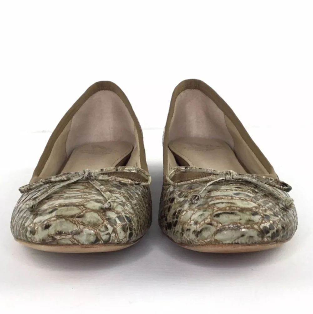 10022-Shoe Saks Fifth‎ Avenue Green/Brown Leather Snake Skin Bow Flats Sz 7